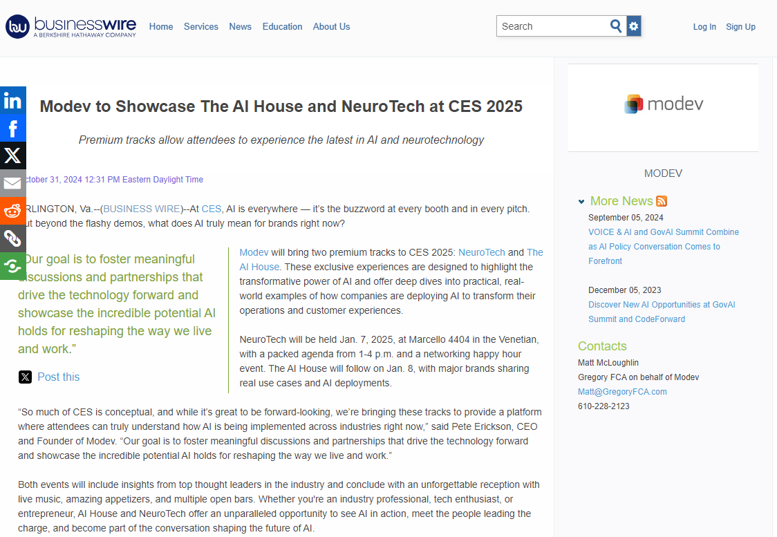 Modev to Showcase The AI House and NeuroTech at CES 2025