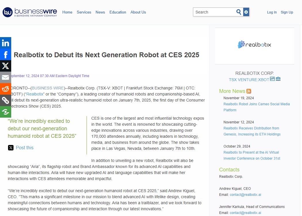 Realbotix to Debut its Next Generation Robot at CES 2025